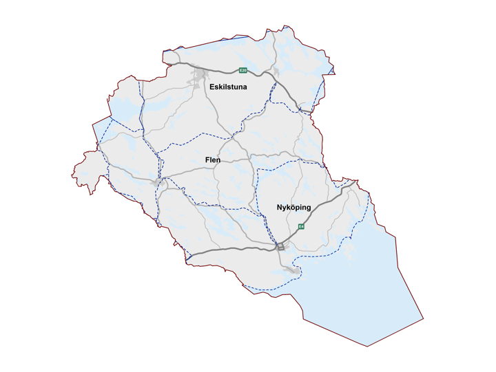 Kartbild över Södermanland tre driftområden, Eskilstuna, Flen och Nyköping.