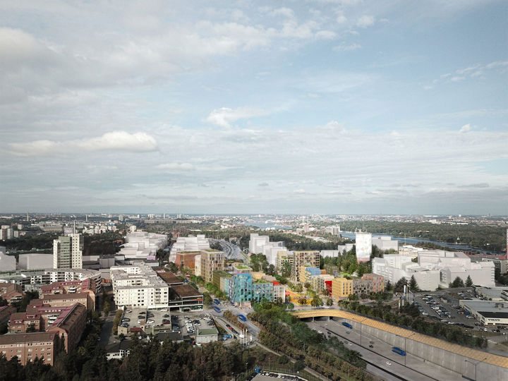 Visionsbild som visar överdäckningen av väg 222, Värmdöleden. Vägen visas i riktning mot Stockholm. Copyright Mandaworks.