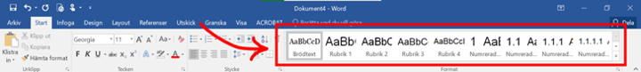Skärmdump på Word-gränssnittet med formatmallytan inringad.