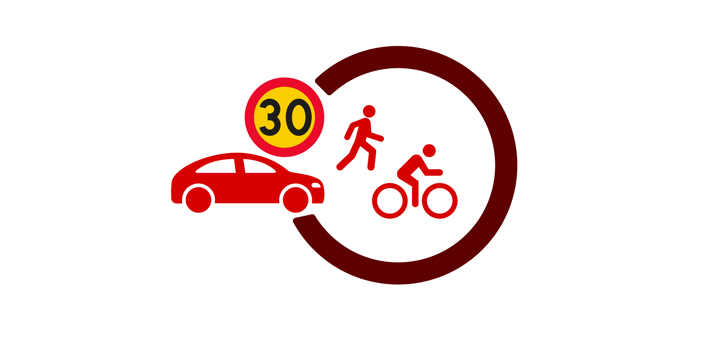 Illustration med bil och 30-skylt möter en gående och cyklist