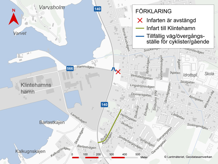 Karta över Klintehamn som visar avstängda infarten från väg 140 till Verkstadsgatan och alternativ infart till Klintehamn under etapp 2