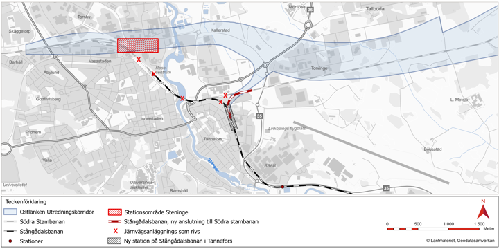 Karta som visar förslag för Stångådals- och Tjustbanans anslutning i Linköping.