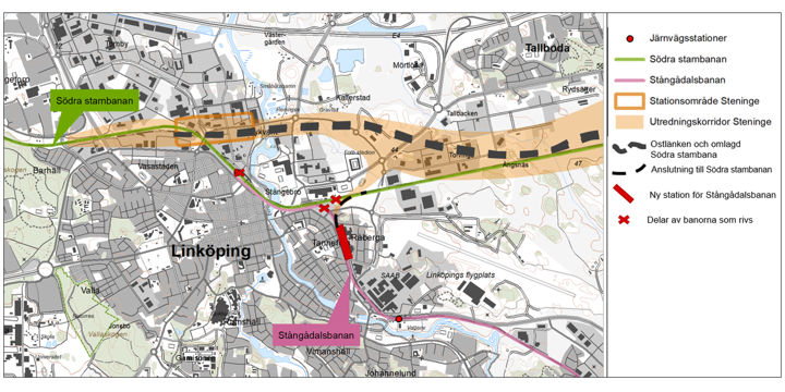 Karta som visar förslag för Stångådals- och Tjustbanans anslutning i Linköping.