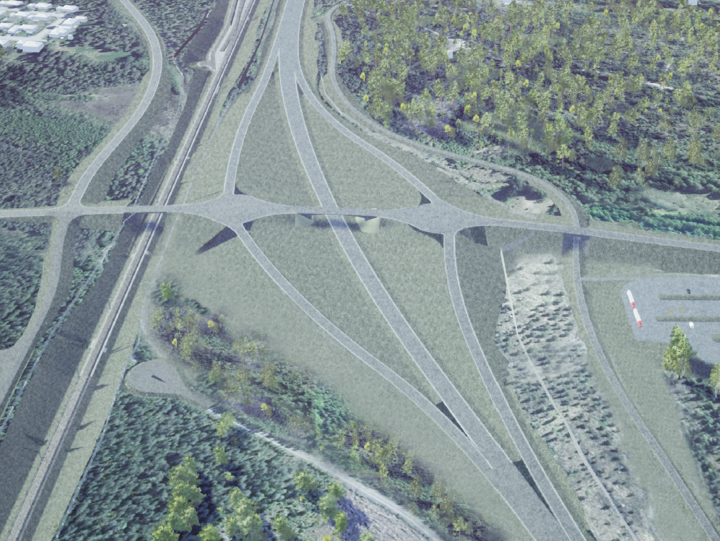 Vy från ovan över en illustration där man ser trafikplatsen till höger