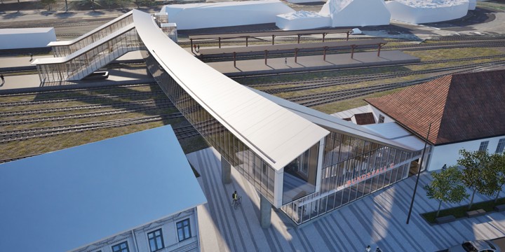 Bilden visar en illustration av den nya gångbron som sträcker sig över spåren i en lättare båge. Den är inglasad med en inglasad entré på kortsidan av stationshuset, rulltrappor ansluter till perrongerna.