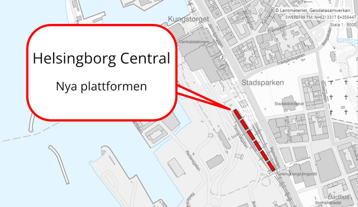 Karta som visar positioneringen av den nya plattformen. Plattformen kommer placeras bredvid den södra uppgången för de existerande underjordiska plattformarna.