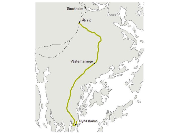 Nynäsbanan löper mellan Älvsjö och Nynäshamn