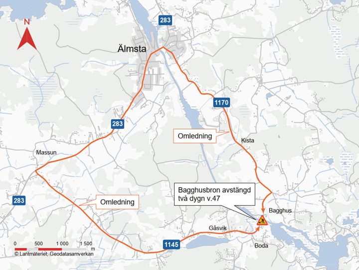 Kartan visar hur trafiken leds om via Älmsta.