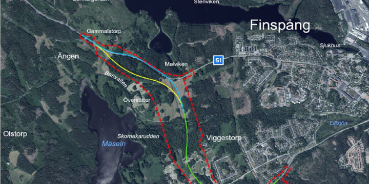 Översiktskarta väglinge förbi väg 51, Finspång.