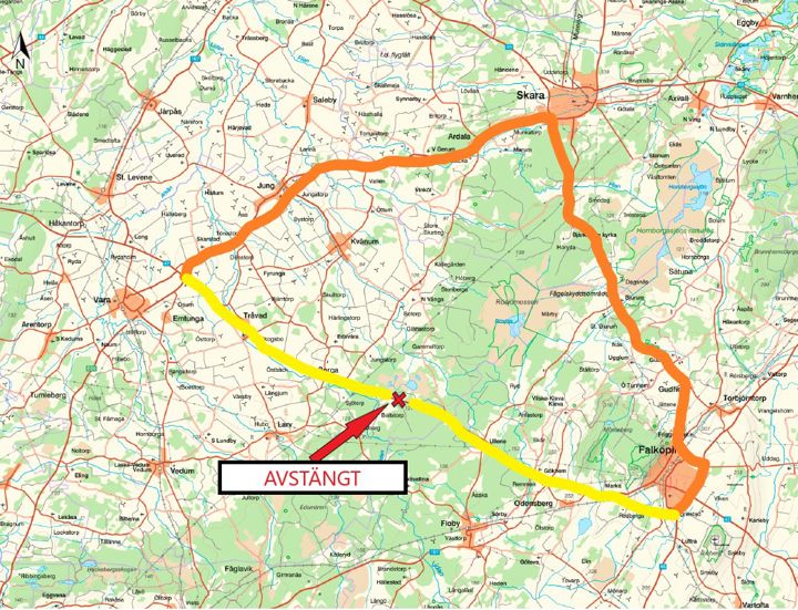 Karta som visar att trafik från väg 47 leds om via Skara