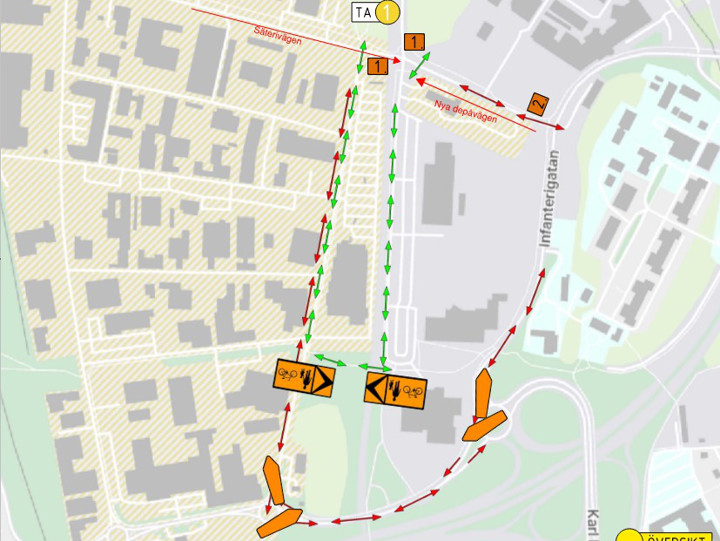 Karta över trafikomledningen av Säterivägen