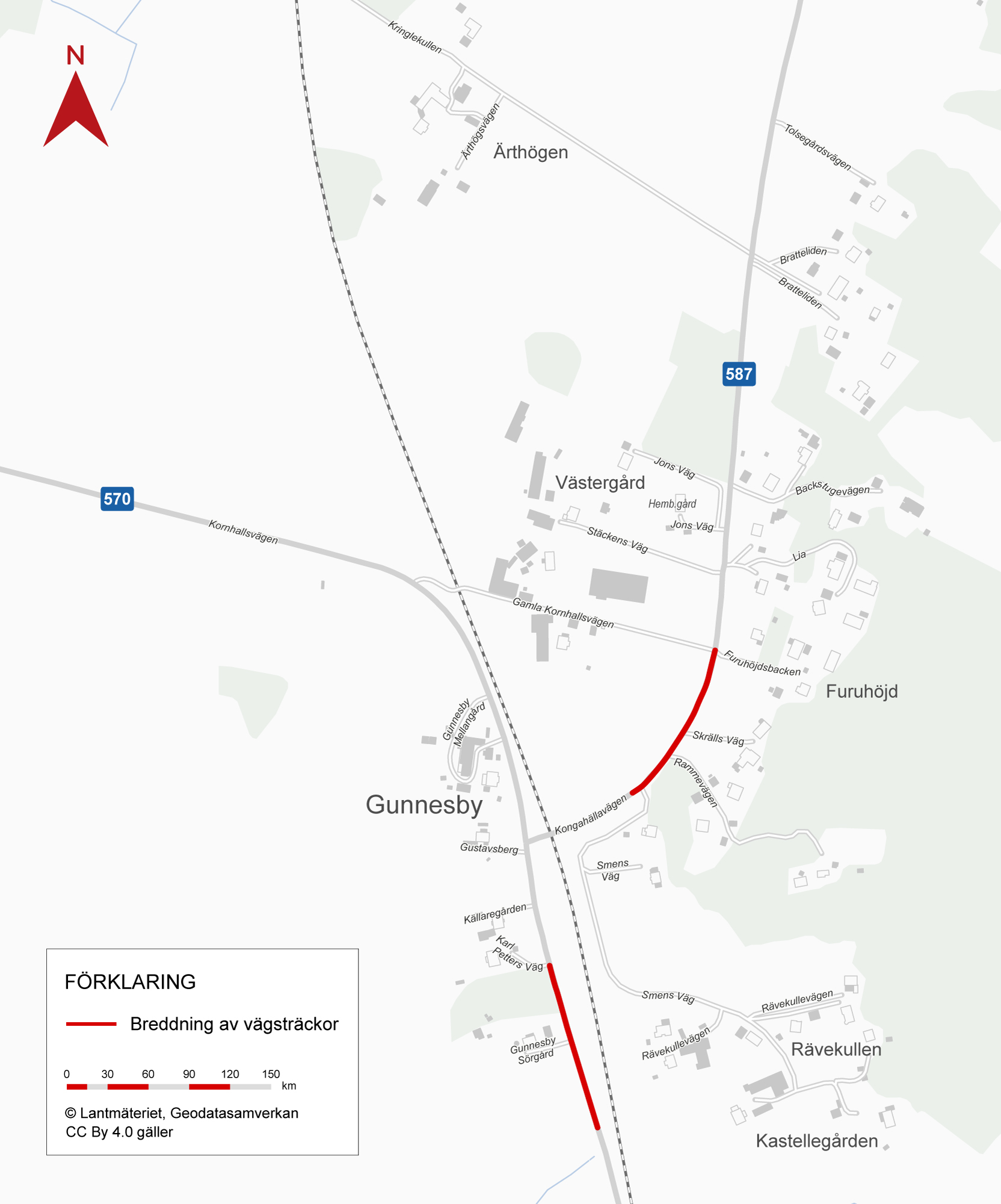 Karta som visar var på väg 570 och väg 587 vi kommer att arbete.