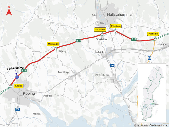 Kartan visar var på E18 förbiledningen finns.