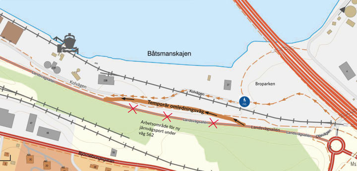 Karta som visar omledningsväg för bilister och för gående och cyklister