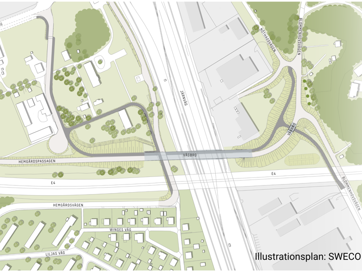 Illustrationsplan som visar Hemgårdspassagen. Bron kallas "vägbro" på bilden. Illustrationsplan: SWECO/Nyköping kommun