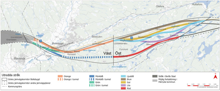 Karta över stråk genom delen Bollebygd som utreds 2026
