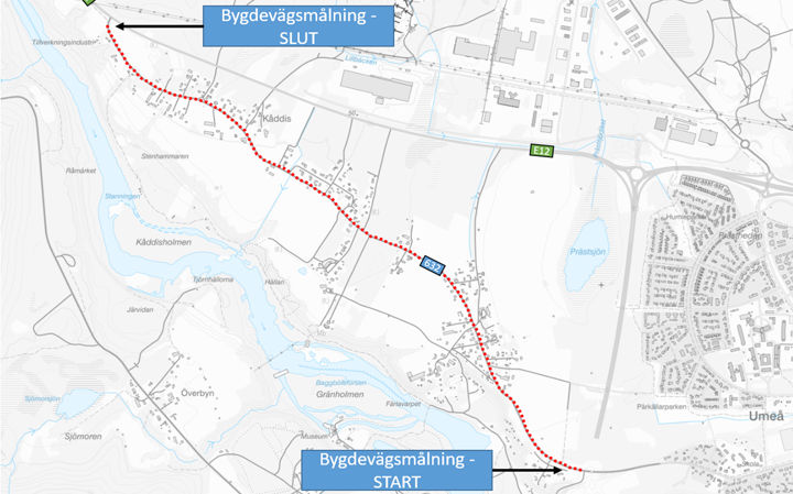 Karta som visar sträckningen som ska bli bygdeväg längs väg 632 genom Baggböle och Kåddis.