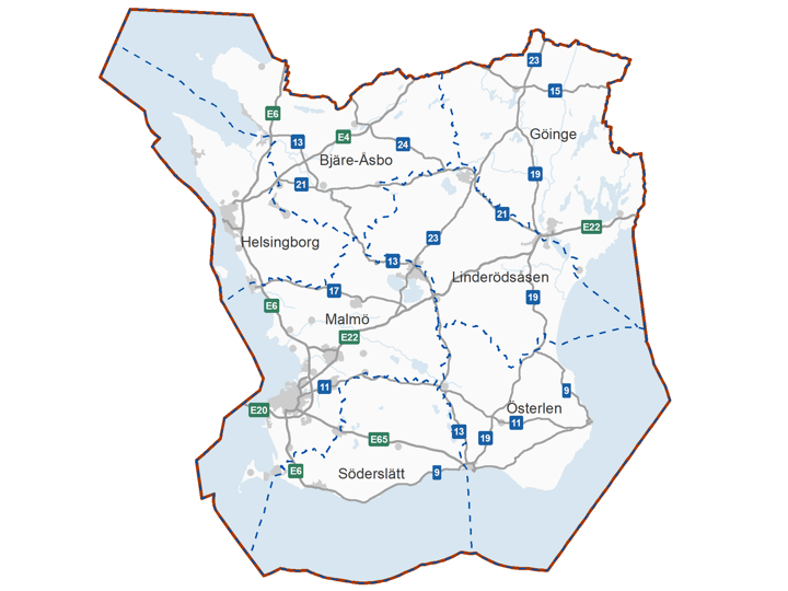 Kartbild över Skånes sju driftområden