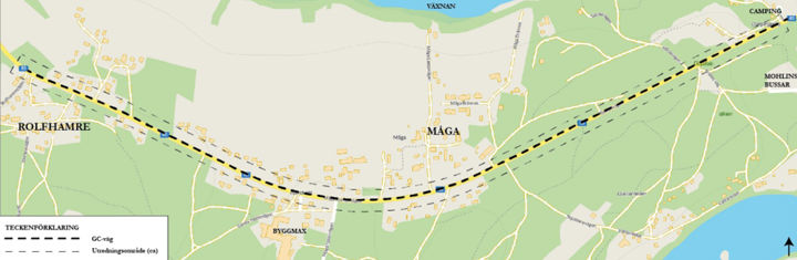 Kartan visar sträckningen för den nya gång- och cykelvägen