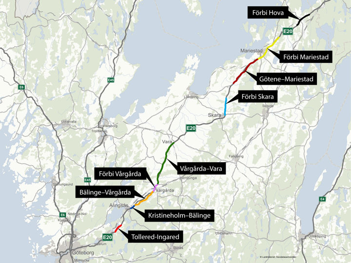 Karta som visar etapperna i utbyggnaden på E20 från söder: Tollered-Ingared, Kristineholm-Bälinge, Bälinge-Vårgårda, Förbi Vårgårda, Vårgårda-Vara, Förbi Skara, Götene-Mariestad, Förbi Mariestad och längst upp i norr Förbi Hova.