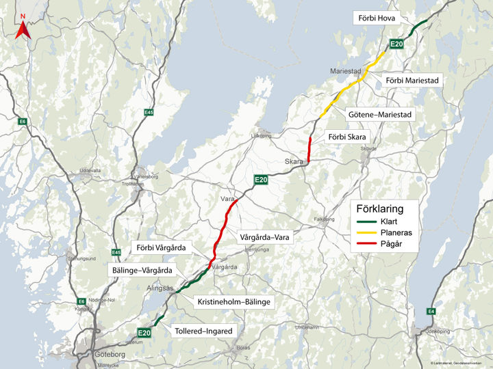 Karta som visar etapperna i utbyggnaden på E20 från söder: Tollered-Ingared - klar, Kristineholm-Bälinge - klar, Bälinge-Vårgårda - klar, Förbi Vårgårda - pågående, Vårgårda-Vara - pågående, Förbi Skara -pågående, Götene-Mariestad - planerad och Förbi Mariestad - planerad och i norr Förbi Hova - klar.