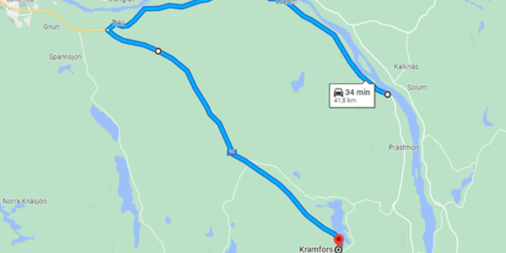 Karta som visar omledning mot Kramfors via riksväg 90. 34