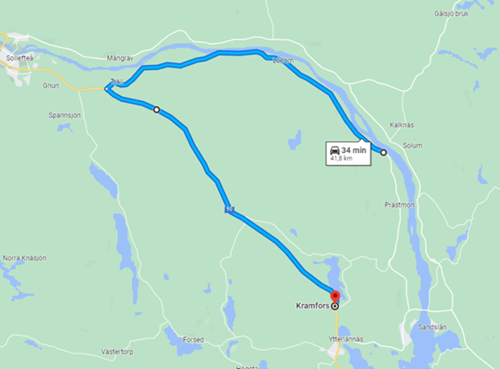 Karta som visar omledning mot Kramfors via riksväg 90. 34