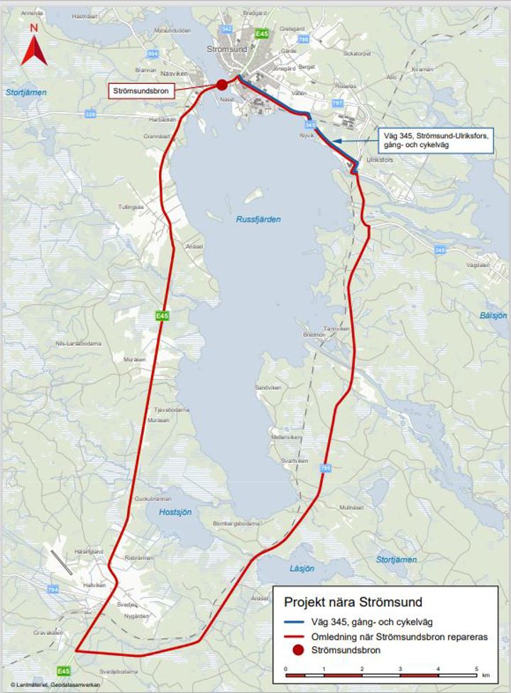 Karta som visar omledning via väg 345 när vi stänger Strömsundsbron