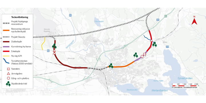 Kartan visar omfattningen av projekt Nyköping Bibana, med entreprenadgränser mot anslutande projekt, nya broar, skyddsvärda miljöer, uppdelning dubbel- och enkelspår samt renoveringen av befintlig bana. 