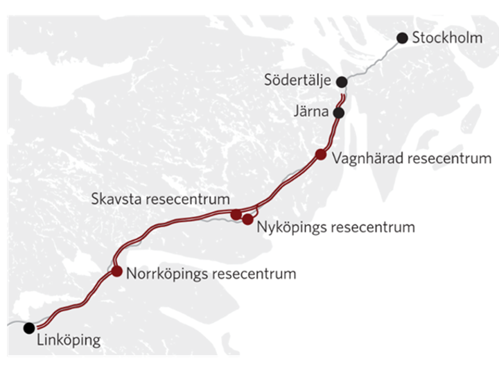Kartan visar Ostlänkens sträckning från Järna till Linköping.