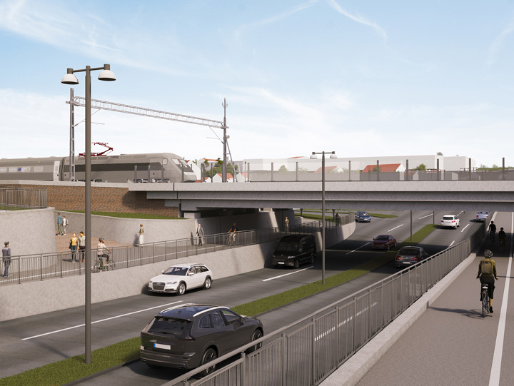 En illustration som visar Brunnsgatan och järnvägsbron när ombyggnaden är klar. Ett tåg passerar över Brunnsgatan. Gående, cyklister och bilar.