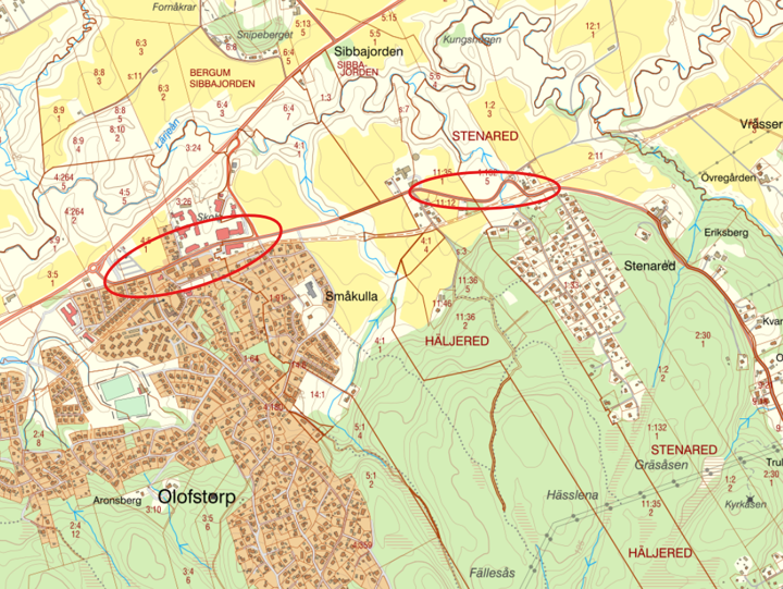 Kartbild som ringar in vart de planerade åtgärderna längs väg 1937 i Olofstorp och Stenared kommer ske.