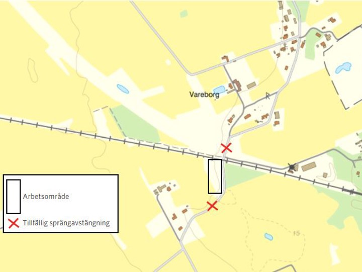 Karta som visar järnvägen i Vareborg. Röda kryss synd på de platser vi tillfälligt kommer stänga av när vi spränger.