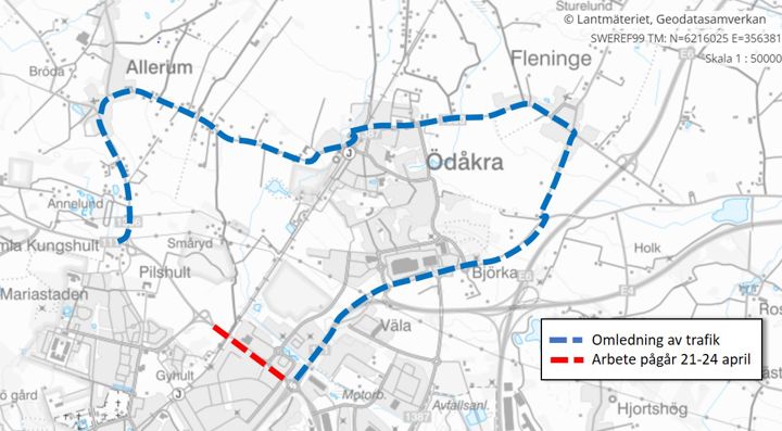Grafisk karta som visar omledning för trafik på väg via Ödåkra, Fleninge och Allerum.
