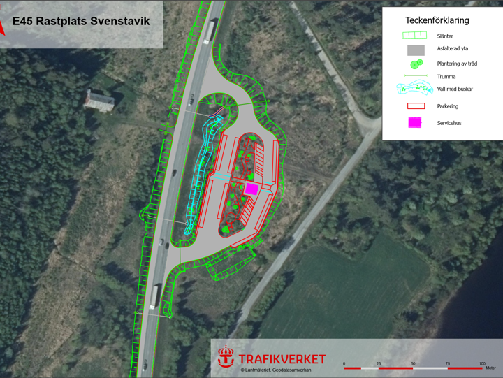 Plankarta, ortofoto över rastplatsen.