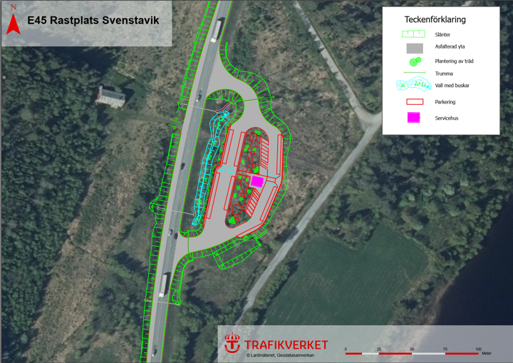 Plankarta, ortofoto över rastplatsen.