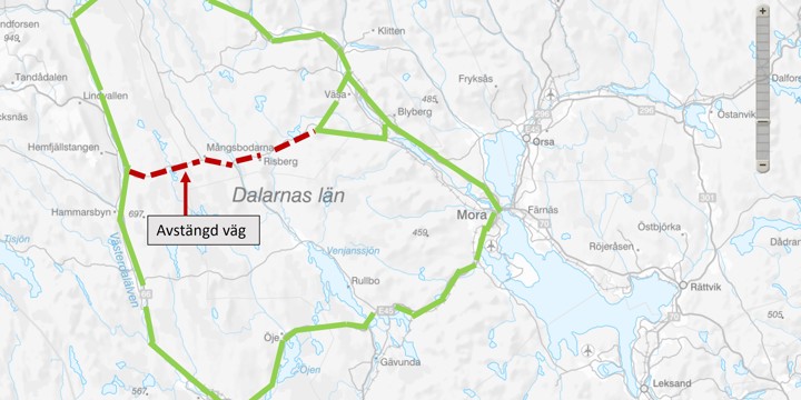 Karta som visar avstängning om omledning