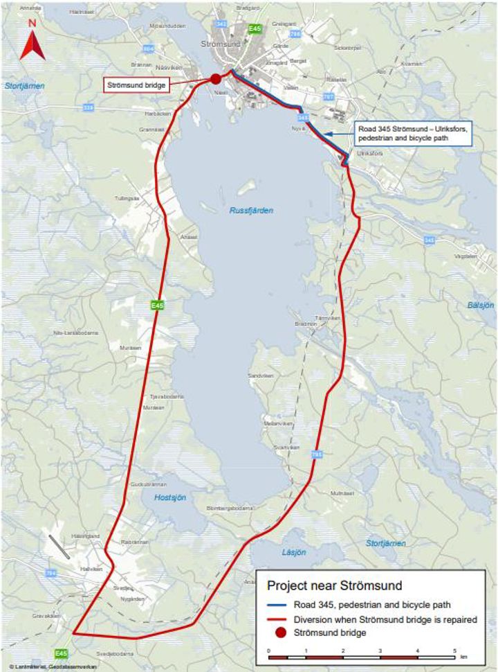 Map that shows how we will divert the traffic on  road 345 past Ulriksfors