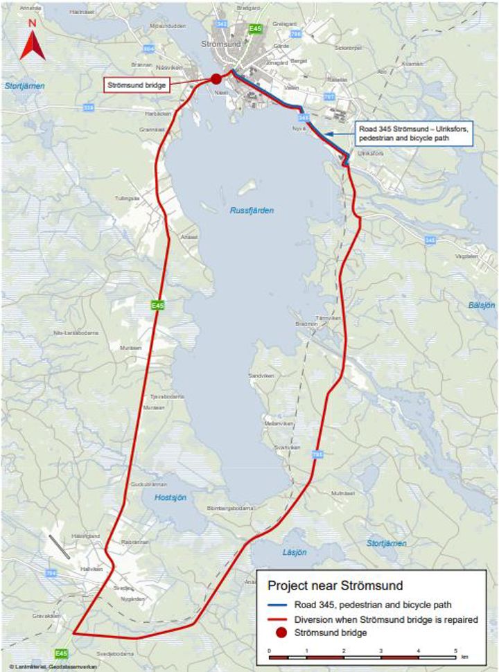 Map that shows how we will divert the traffic on road 345 past Ulriksfors