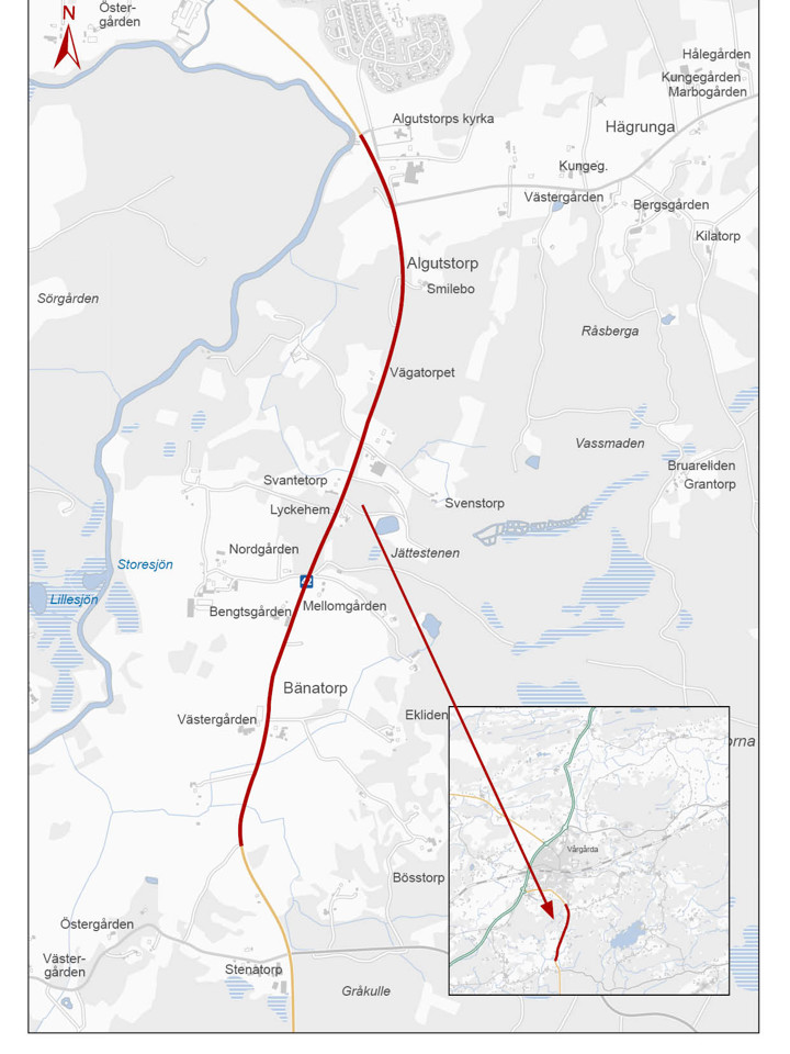 Karta som visar övergripande sträckning längs väg 42 Vårgårda.