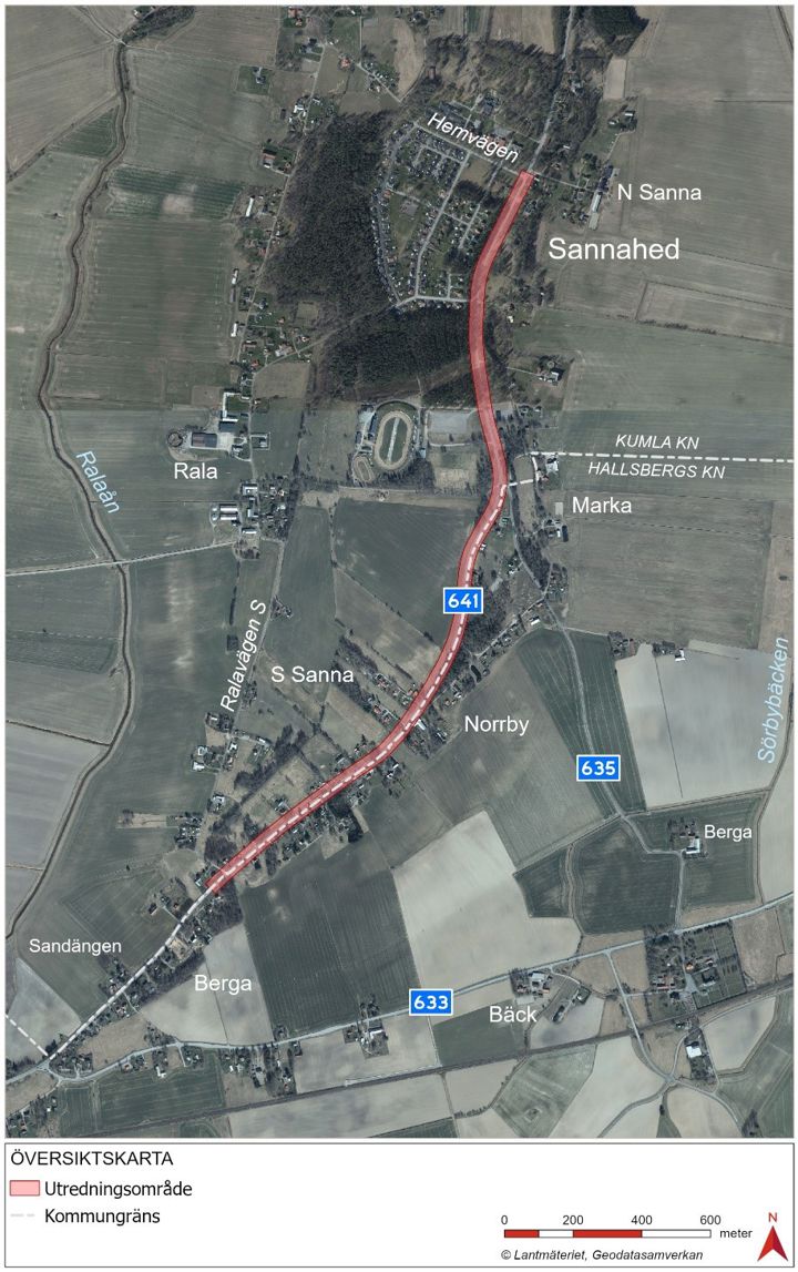 Kartan visar vart den planerade gång- och cykelvägen kommer att gå.