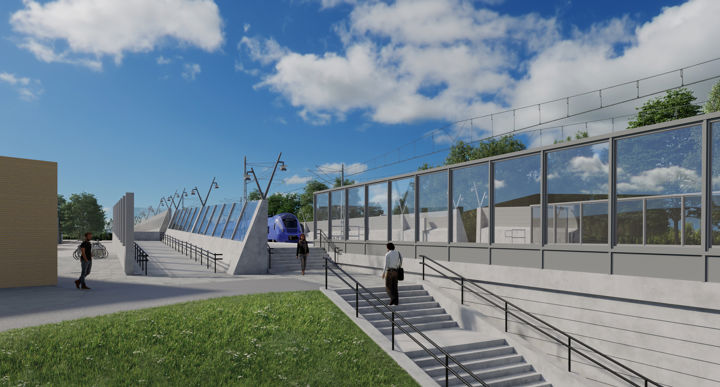 Illustration som visar Ödåkra station med blå himmel och moln. En trappa leder upp till stationen och bullerskyddsskärmar.