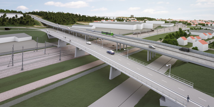 Visionsbild som visar den nya bron kallad Hemgårdspassagen som går parallellt med E4 över järnvägen. Illustration: Trafikverket