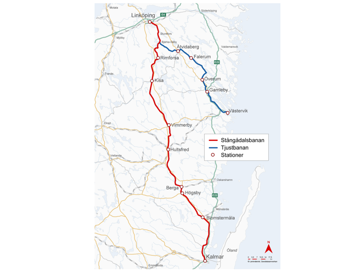Karta som visar Tjust- och Stångådalsbanans sträckning.