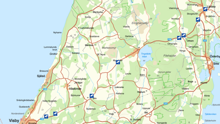 Karta över väg 148 mellan Visby och Lärbro på Gotland.