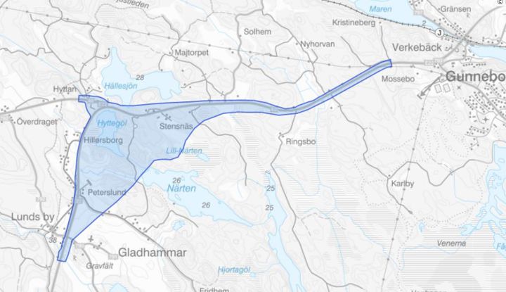 Utredningsområdet visar E22 mellan Gladhammar och Verkebäck