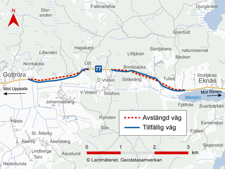 Karta som visar hur trafiken på väg 77 leds om på tillfälliga vägsträckor. 
