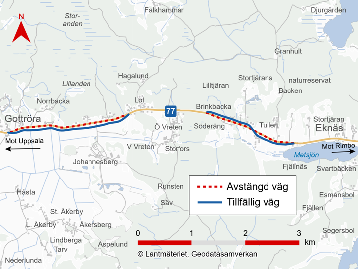 Karta som visar hur trafiken på väg 77 leds om på tillfälliga vägsträckor. 