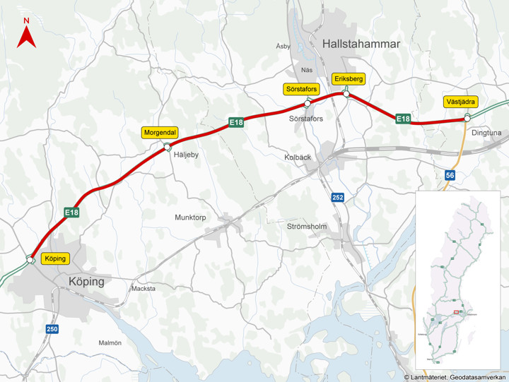 Karta över E18 mellan Köping och Västjädra.