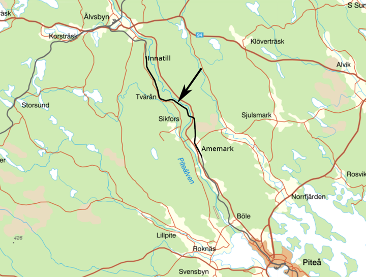 Kartan visar banans sträcka mellan Innatill och Arnemark i Piteå.